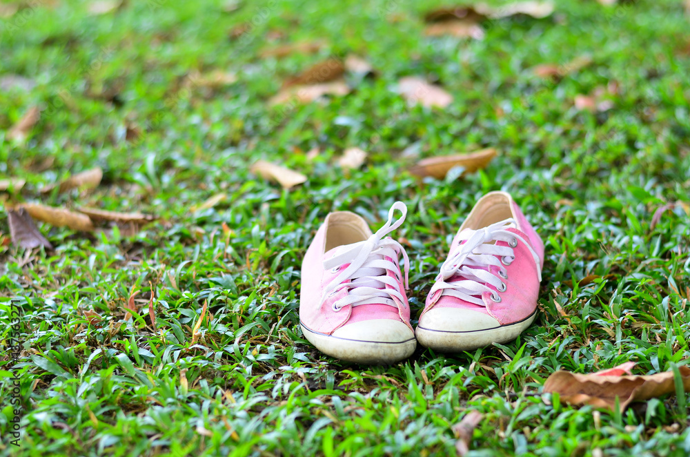 Pink sneakers on the grass
