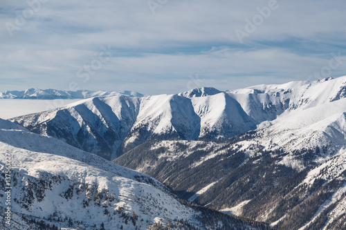 Aerial view of the snowy peaks of the Tatry mountains on the border of Poland and Slovakia