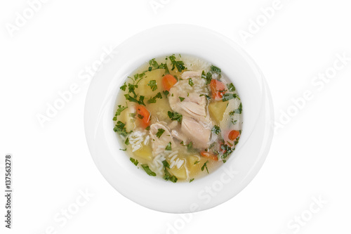 chicken soup traditional Georgian dish white background top view