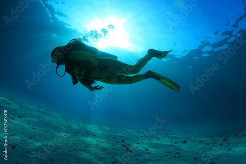Silhouette of scuba diver