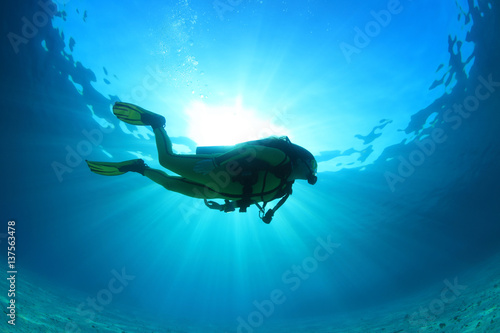 Silhouette of scuba diver