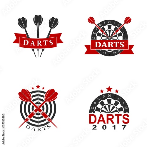 Darts set labels sports emblem and symbol isolated on white background. Dart boards target with darts arrow icon. Vector Illustration