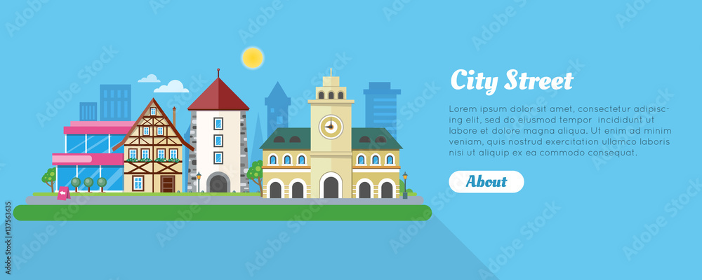 City Street In Sunny Day Flat Vector Banner