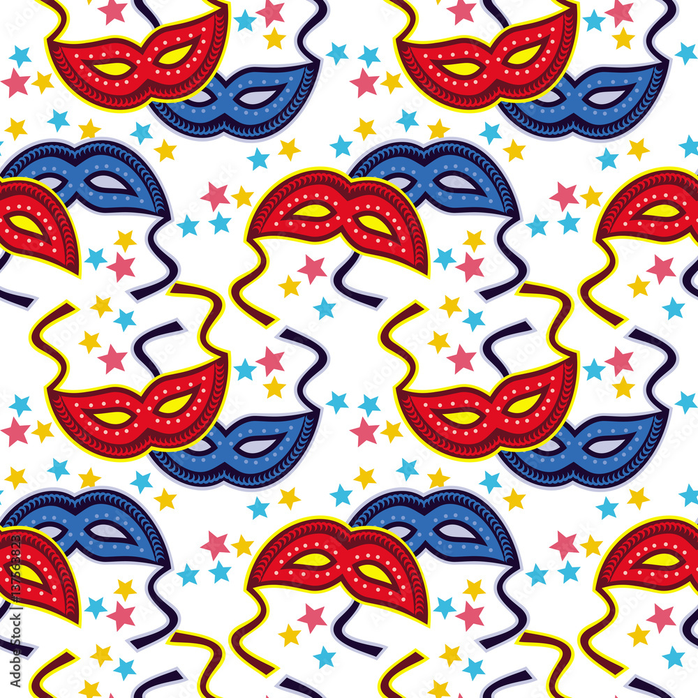 Seamless pattern with carnival masks. Raster clip art.