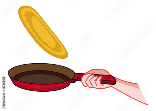 Frying pan with a pancake. Raster clip art.