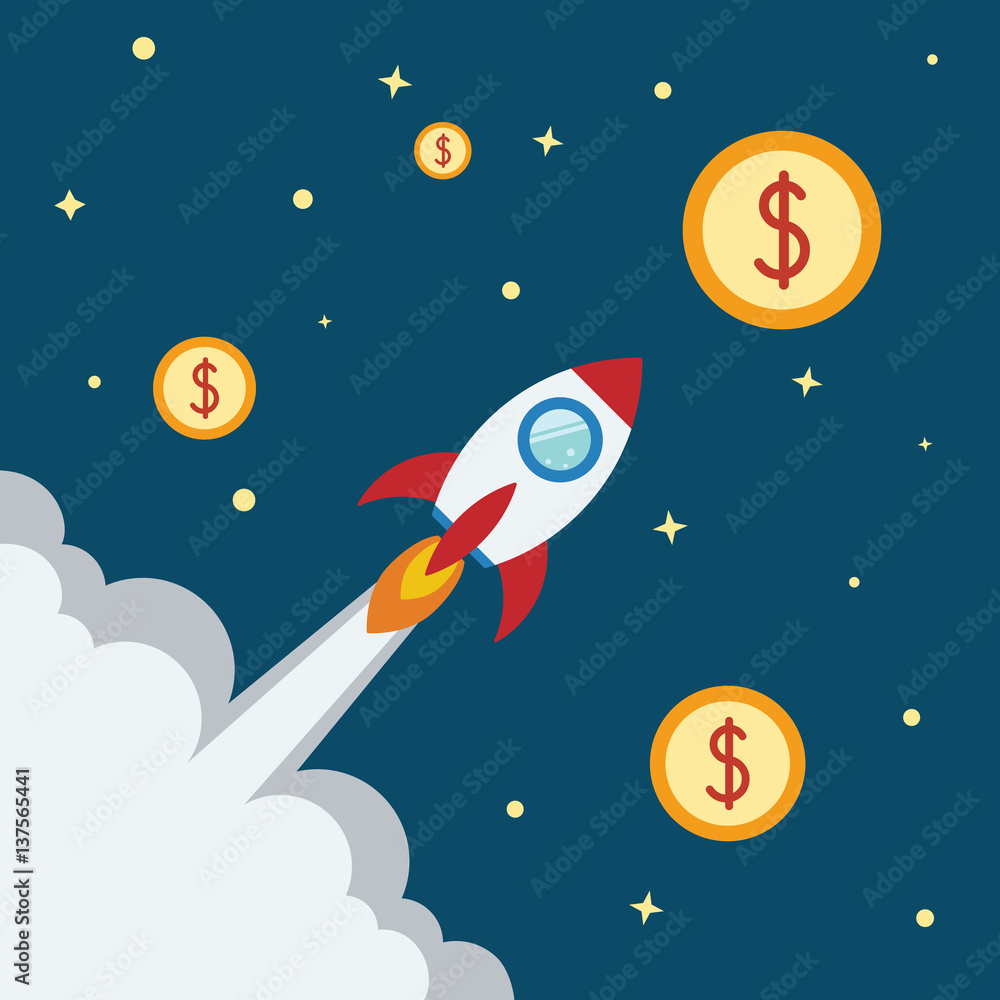 Rocket flat design concept for Project start up and development process.Space rocketship launch.Flying rocket space travel with money/coin for business innovation product,creative idea and management.