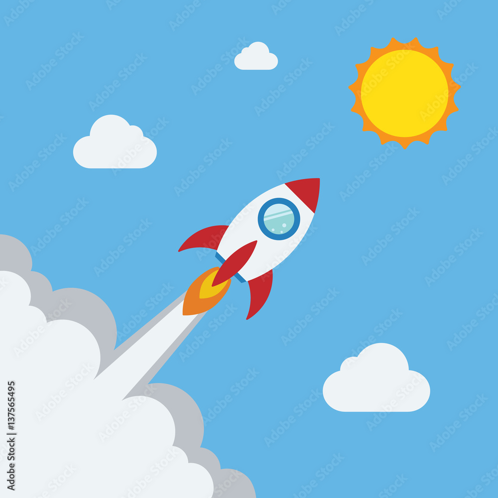 Rocket flat design concept for Project start up and development process.Space rocketship launch.Flying rocket space travel to the sun for business innovation product,creative idea and management. Rocket flat design concept for Project start up and development process.Space rocketship launch.Flying rocket space travel to the sun for business innovation product,creative idea and management.