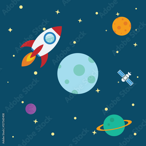 Fototapeta Naklejka Na Ścianę i Meble -  Rocket flat design concept for Project start up and development process.Space rocketship launch.Flying rocket space travel to the planet for business innovation product,creative idea and management.