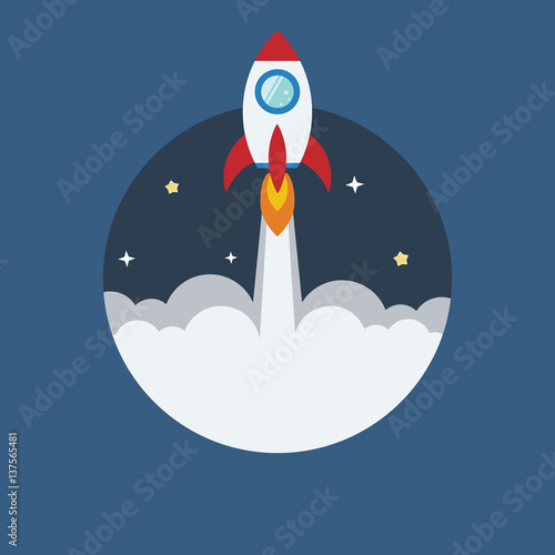 Rocket flat design concept for Project start up and development process.Space rocketship launch.Flying rocket space travel for business innovation product,creative idea and management.