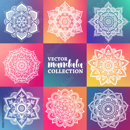Vector set of arabic mandala on hipster gradient background. Bohemian ornament for posters and logo design. Colorful template collection.