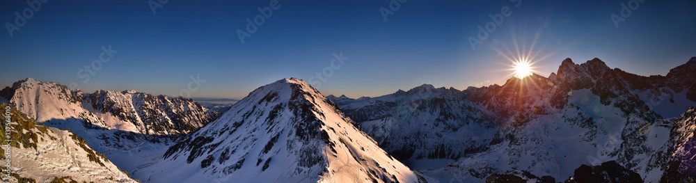 Panoramic view of sunrise in high Tatra mountain. Miedziane Peak