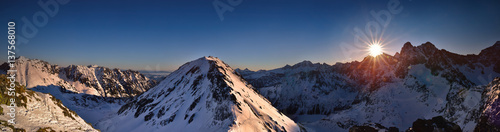 Panoramic view of sunrise in high Tatra mountain. Miedziane Peak