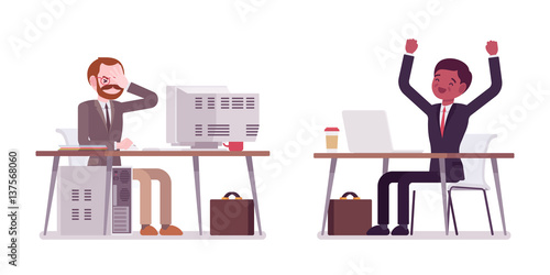 Young and aged businessmen working at old and modern computer