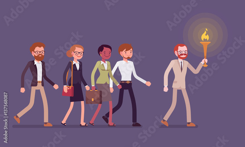 Man with a torch leading a group of people