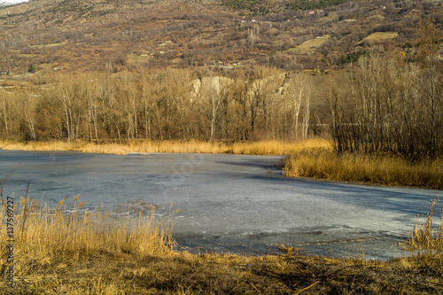 mountain panorama  with frozen lake  trees and forest