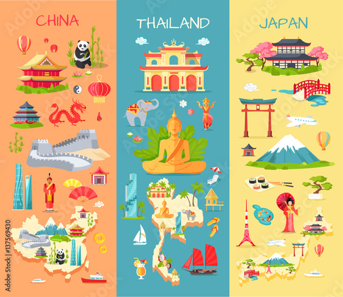 China. Thailand. Japan. Icons of Asian Countries