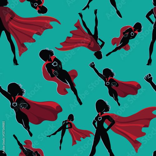 Seamless super hero women design. Repeating pattern of flying, running and standing super women in red capes. EPS 10 vector.