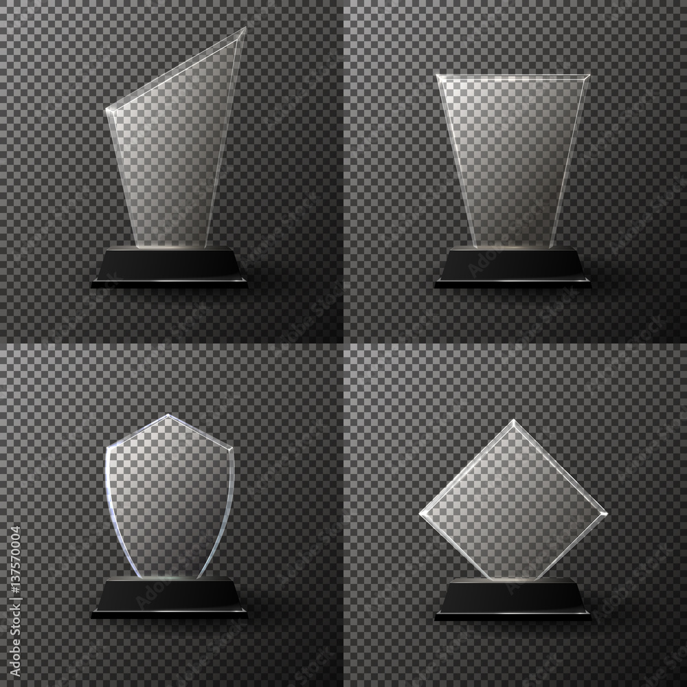 Glass trophy award set. Collection isolated on transparent background.Vector illustration. Glass trophy award set. Collection isolated on transparent background.Vector illustration.