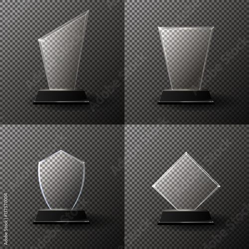 Glass trophy award set. Collection isolated on transparent background.Vector illustration.