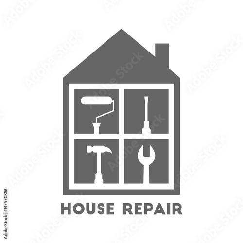 House repair and renovation logo with different work tools. Paint roller, screwdriver, hammer and wrench icons.
