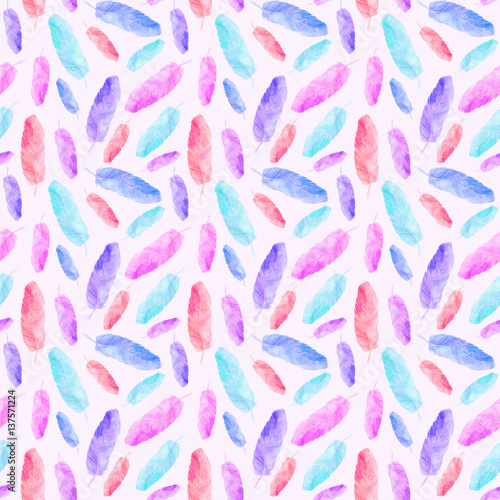 Watercolor seamless pattern with flamingo feathers