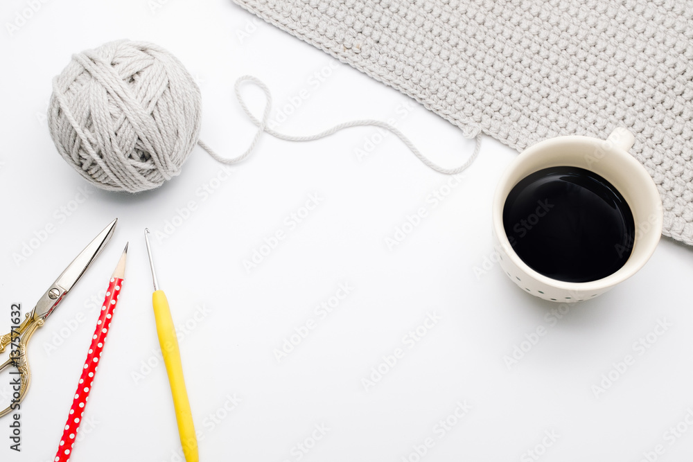 Workspace for crochet handmade, white background, desktop crochet handmade