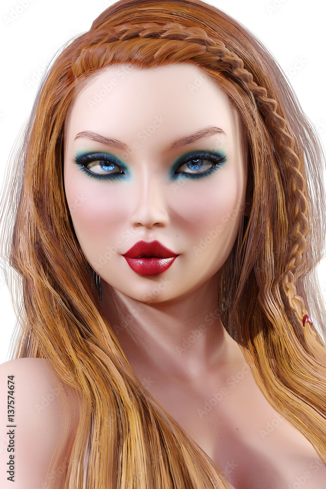 Portrait beautiful young girl with blue eyes and red lips. Soft skin. Blonde hair. Bright makeup. Photorealistic 3D render illustration. Isolate. High key photo. Portrait beautiful young girl with blue eyes and red lips. Soft skin. Blonde hair. Bright makeup. Photorealistic 3D render illustration. Isolate. High key photo.