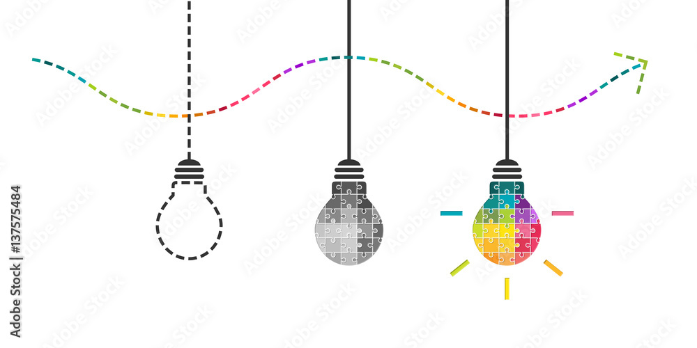 Thinking, perseverance and success concept with light bulb made of colorful puzzle pieces - obrazy, fototapety, plakaty 