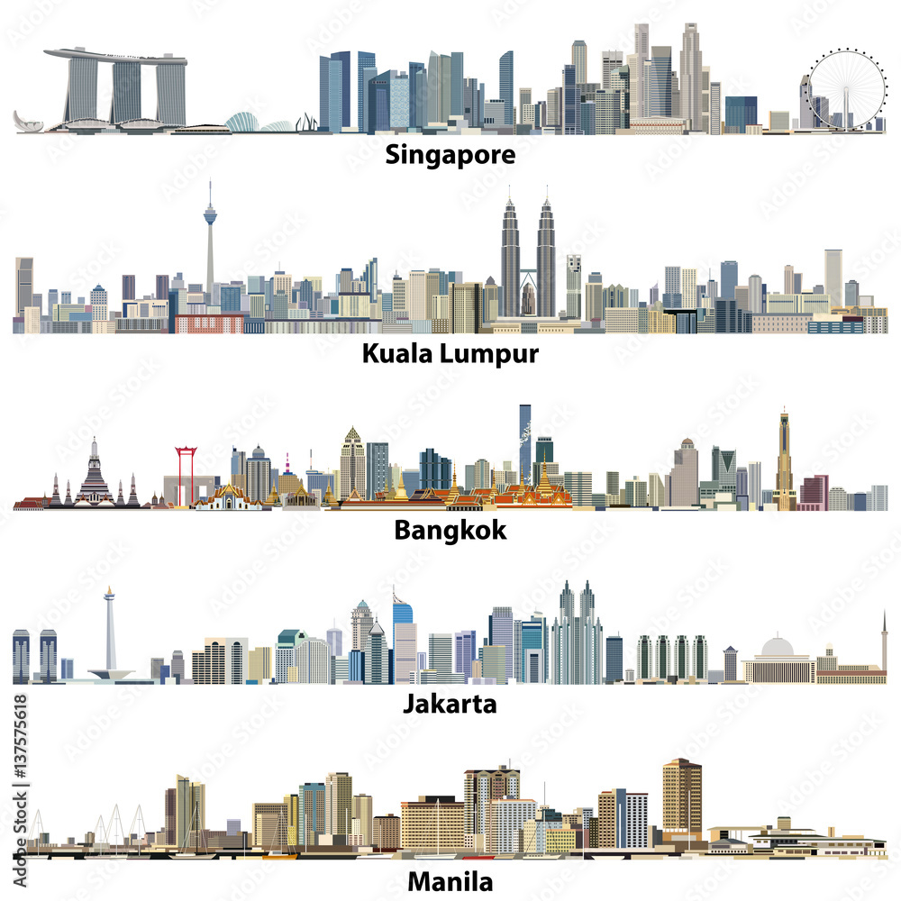 Naklejka premium Singapore, Kuala Lumpur, Bangkok, Jakarta and Manila cities skylines vector high detailed illustrations
