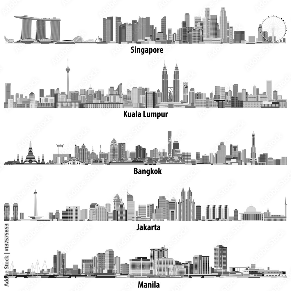 Singapore, Kuala Lumpur, Bangkok, Jakarta and Manila skylines in black and white color palette Singapore, Kuala Lumpur, Bangkok, Jakarta and Manila skylines in black and white color palette
