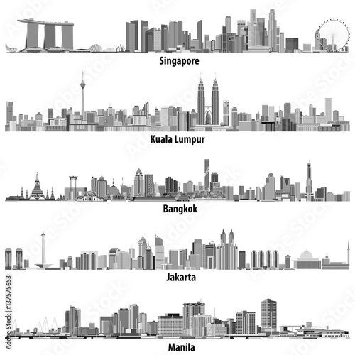 Singapore, Kuala Lumpur, Bangkok, Jakarta and Manila skylines in black and white color palette
