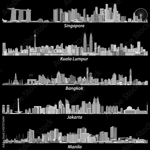 Photography Singapore, Kuala Lumpur, Bangkok, Jakarta and Manila skylines in grey scales pal
