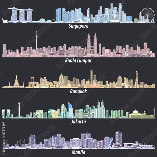 Singapore, Kuala Lumpur, Bangkok, Jakarta and Manila skylines at night in different color palettes on soft black background