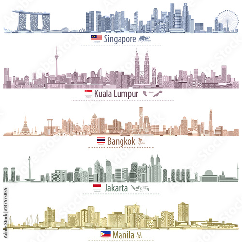 Photography Singapore, Kuala Lumpur, Bangkok, Jakarta and Manila skylines (with maps and fla