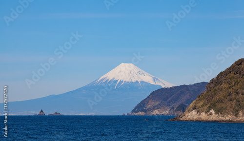 Mountain fuji and Japan sea in winter seen from Izu city , Shizuoka prefecture