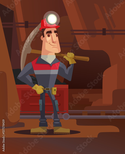 Miner character in coal mine. Vector flat cartoon illustration