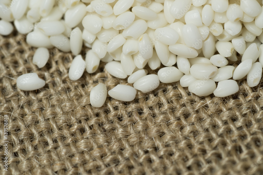 Organic white sticky rice with burlap/sacking background