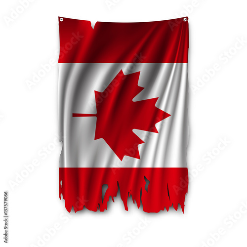 Torn by the wind national flag of Canada. Ragged. The wavy fabric on white background. Realistic vector illustration.