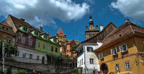 View of the Clock Tower in Sighisoara, Transylvania, Romania.