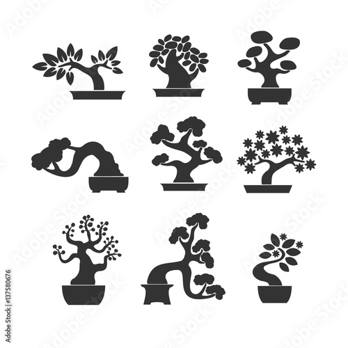 Black tree logo illustration icon set. Bonsai