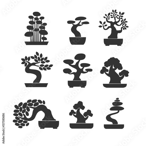 Black tree logo illustration icon set. Bonsai