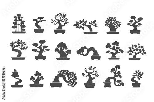 Black tree logo illustration icon set. Bonsai