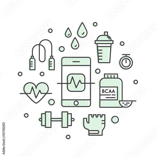 Collection of vector line style logos with weightloss, active lifestyle and gym training elements. Fitness and active lifestyle symbols. Line logotype collection.