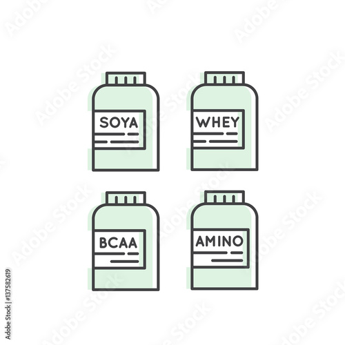 Vector Icon Style Illustration Set Collection of Fitness and Bodybuilding Supplement: Amino, BCAA, Whey Protein, Soya Protein Pack