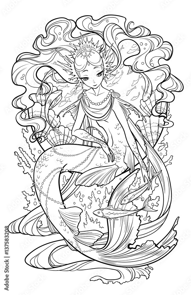 Illustration of pearl mermaid with curled hair, decorated with seashell elements, playing with fishes underwater in the sea. Black and white, anti-stress. Adult coloring books.