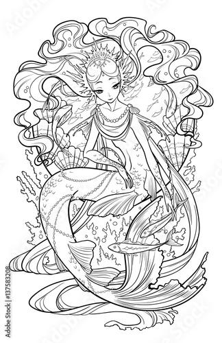 Illustration of pearl mermaid with curled hair, decorated with seashell elements, playing with fishes underwater in the sea. Black and white, anti-stress. Adult coloring books.