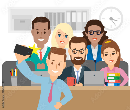 business people taking selfie photo at office