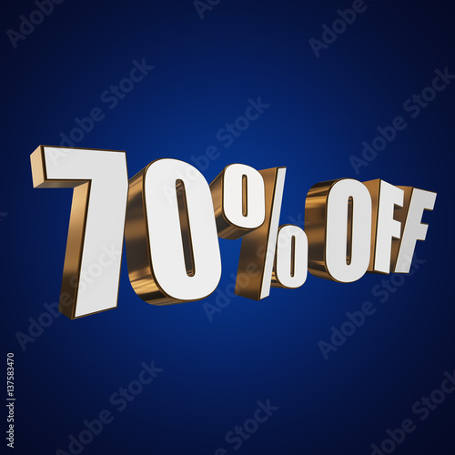 70 percent off letters on blue background. 3d render isolated.