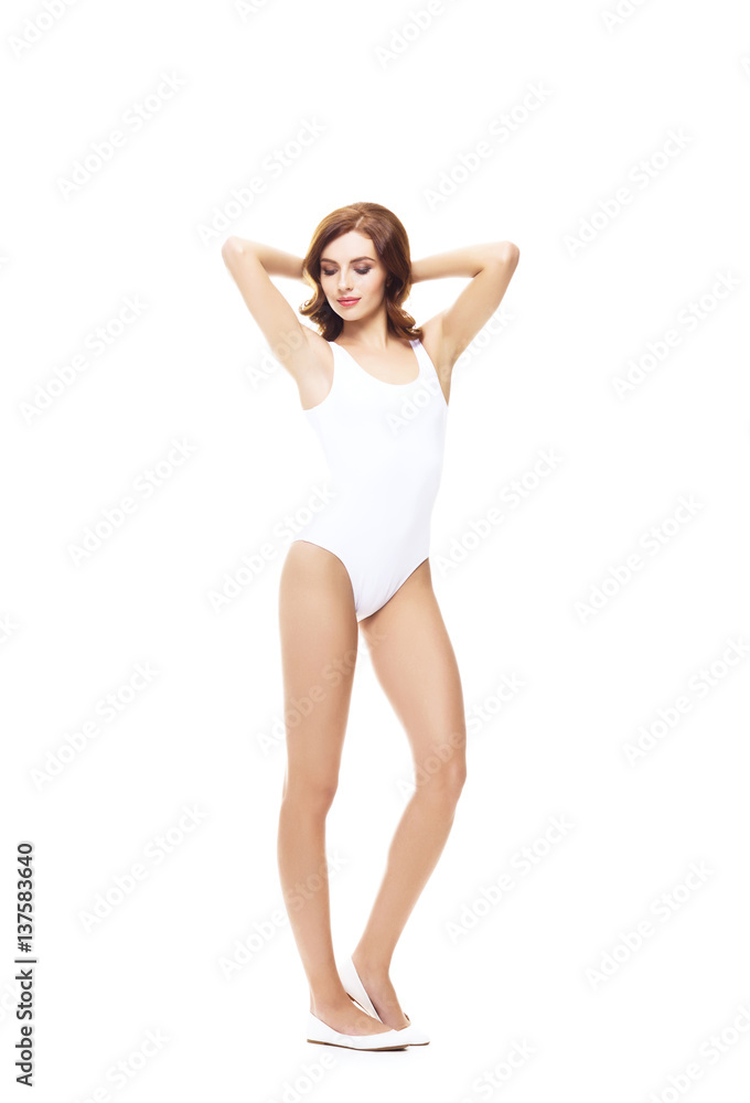 Fit and sporty girl in white underwear. Beautiful and healthy woman posing over isolated white background. Sport, fitness, diet, weight loss and healthcare concept. Fit and sporty girl in white underwear. Beautiful and healthy woman posing over isolated white background. Sport, fitness, diet, weight loss and healthcare concept.