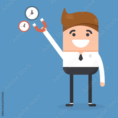 Businessman use magnet attracts time. Need and getting more time. Cartoon Vector Illustration.